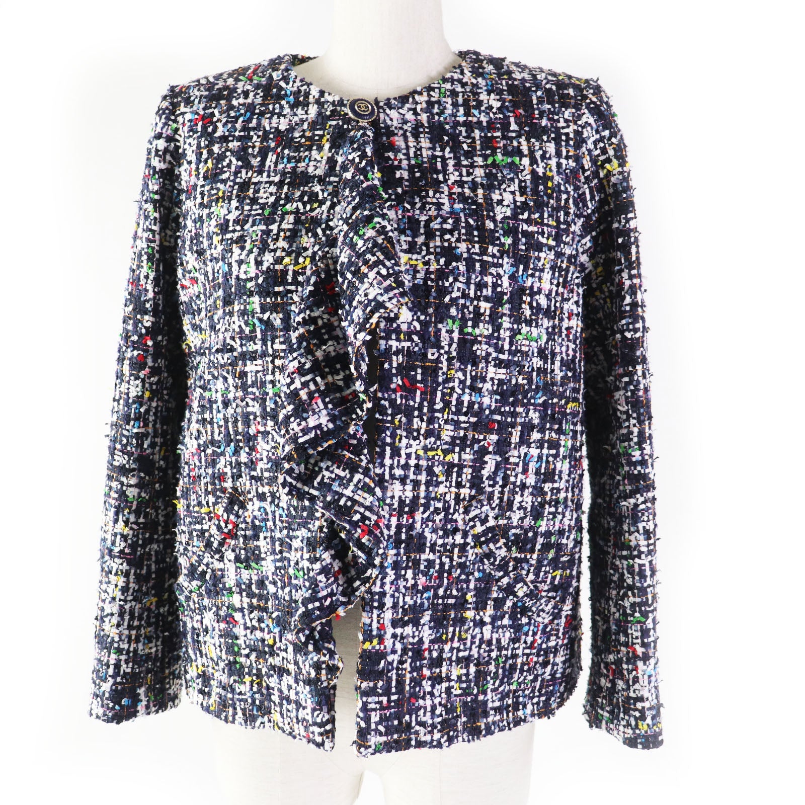 Chanel Tweed Collarless Jacket Navy Multi 38