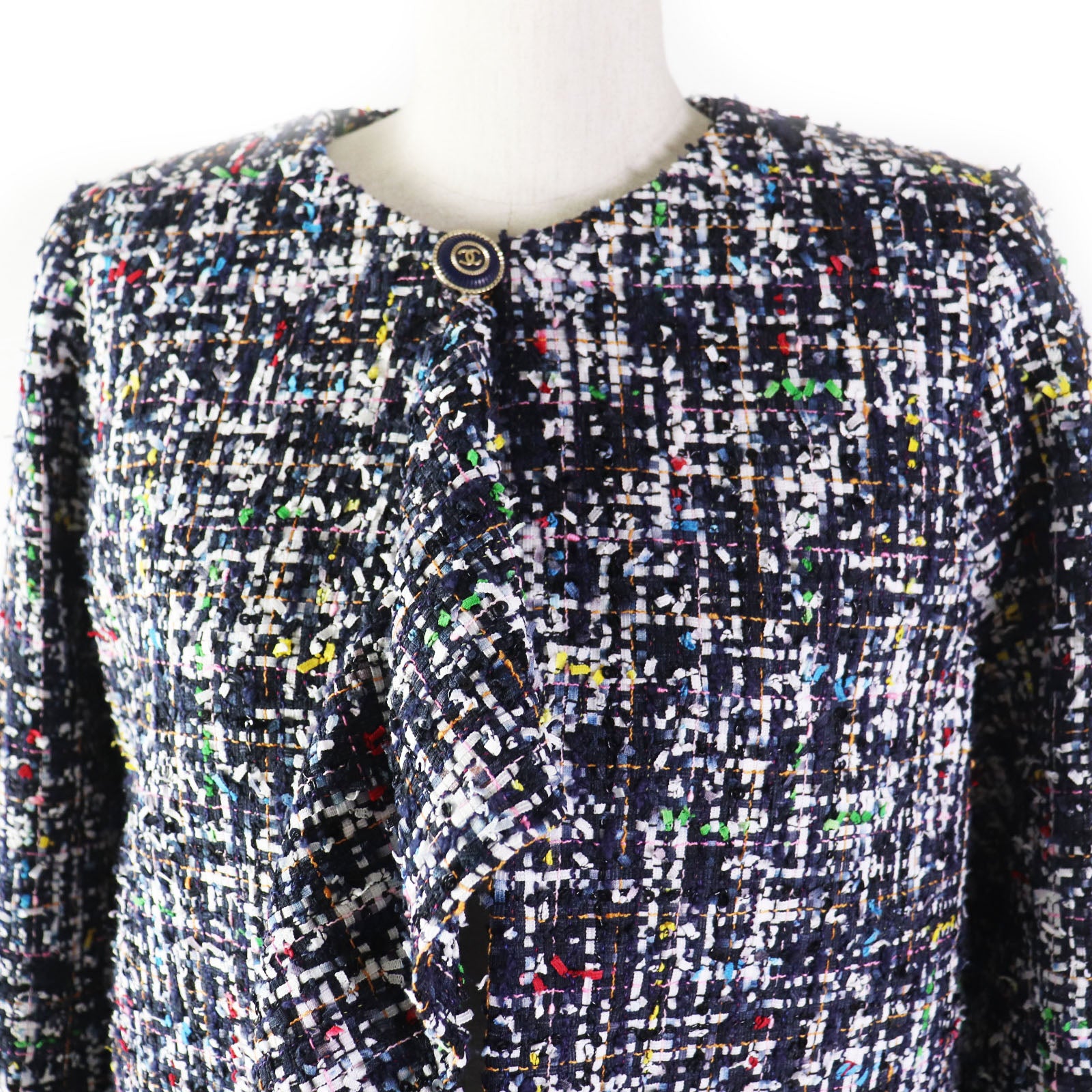 Chanel Tweed Collarless Jacket Navy Multi 38