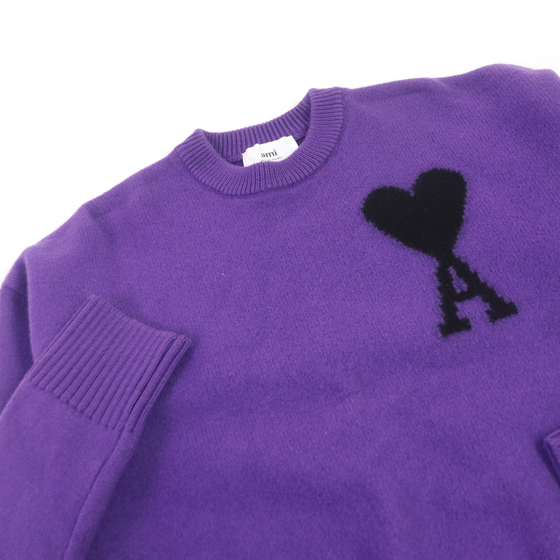 Ami Paris Heart Intarsia Wool Knit Sweater Purple S