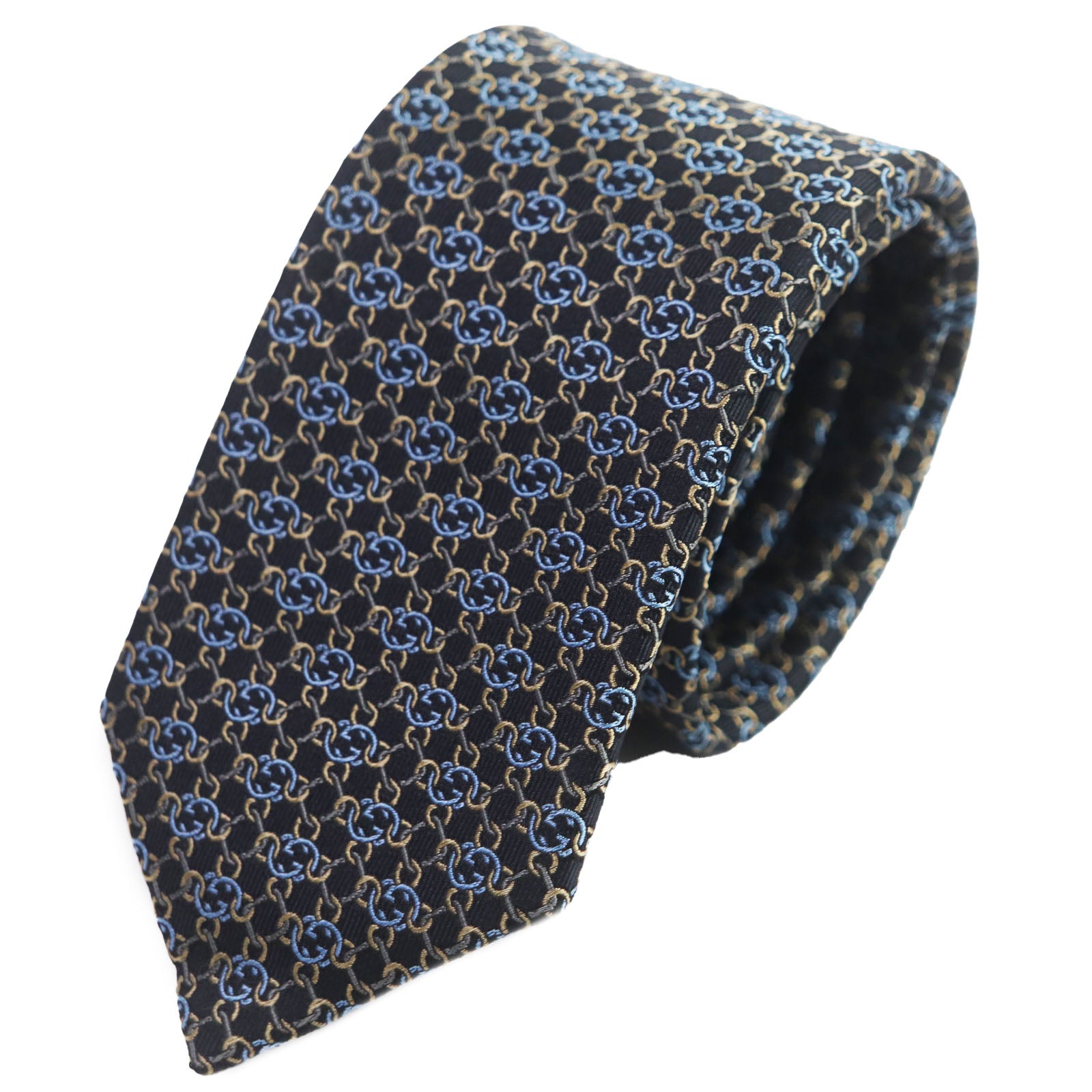 Gucci Silk GG Pattern Tie Black Gold Blue