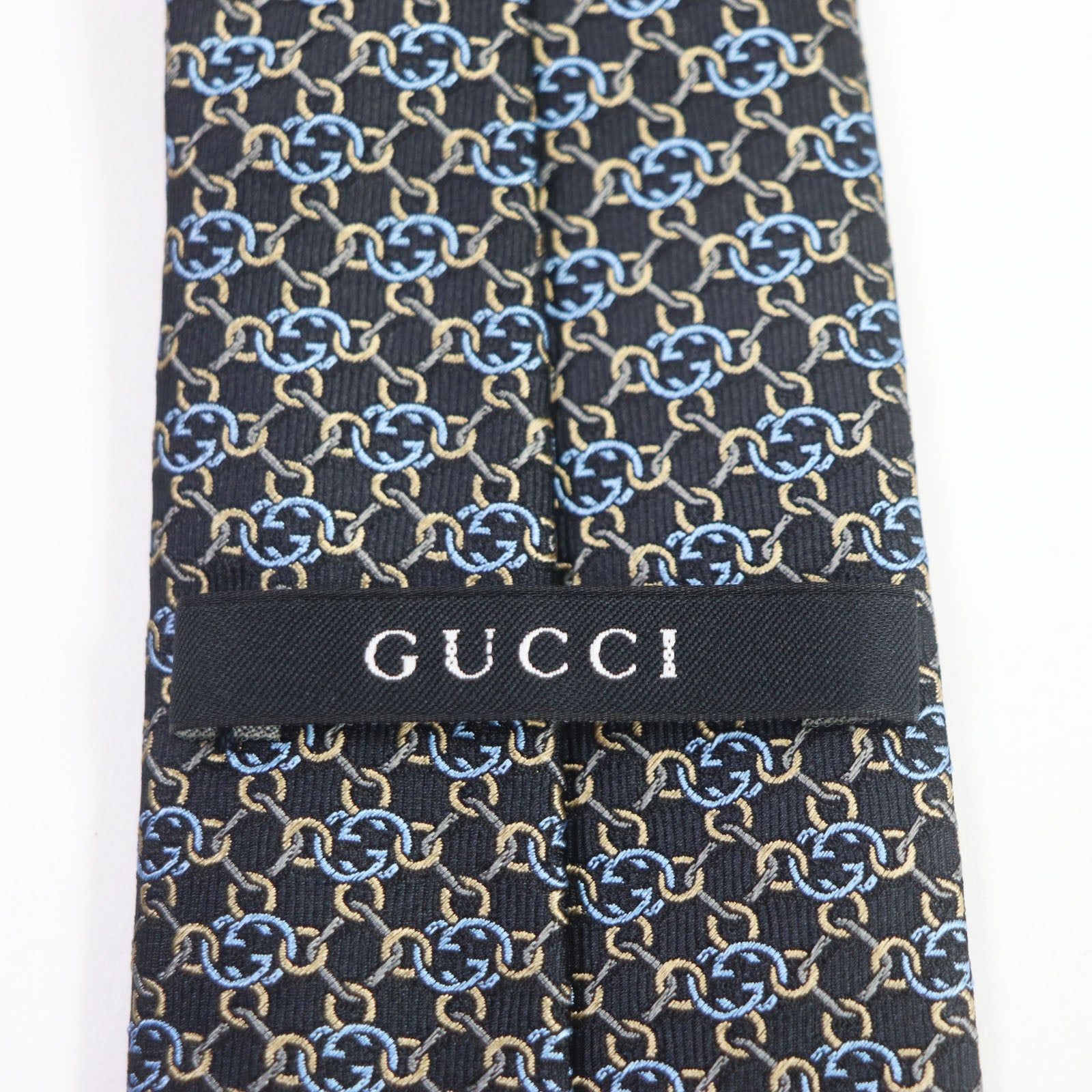 Gucci Silk GG Pattern Tie Black Gold Blue