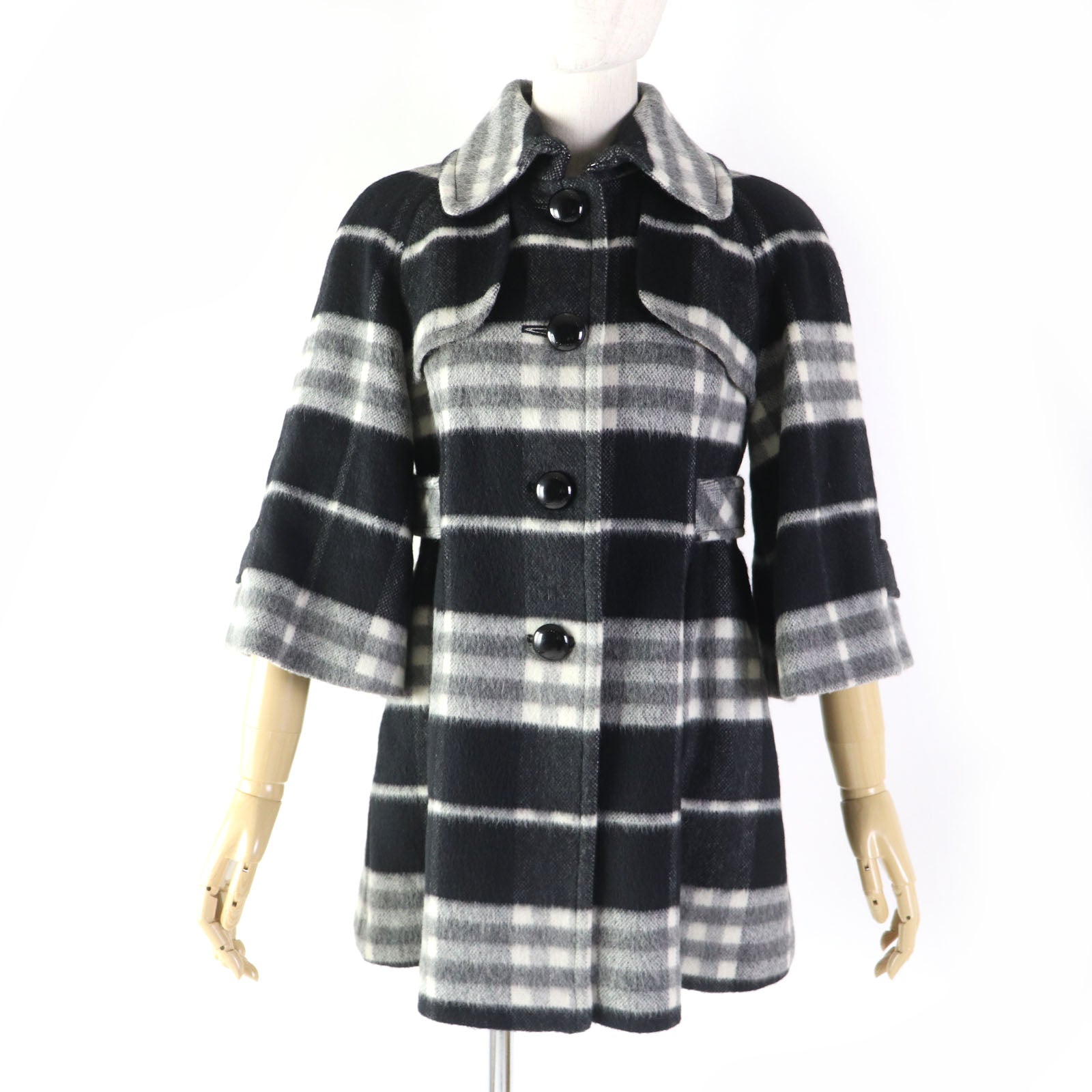 Burberry Wool Blend A-Line Coat Black White 38