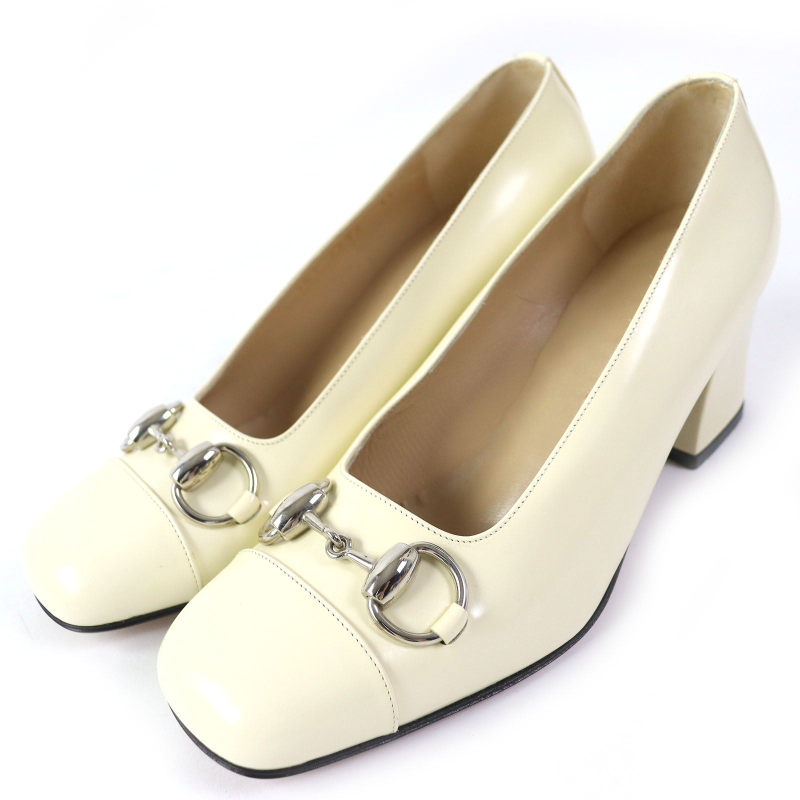 Gucci Horsebit Square Toe Leather Pumps Ivory