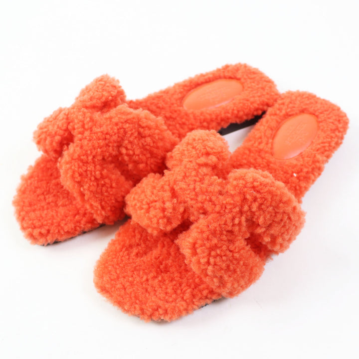 Hermes Oran Lamb Fur Flats Sandals Orange