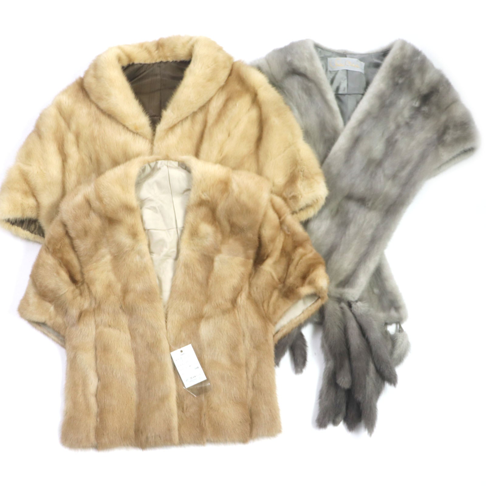 Mink Fur Shawl with Tassel Light Brown Gray