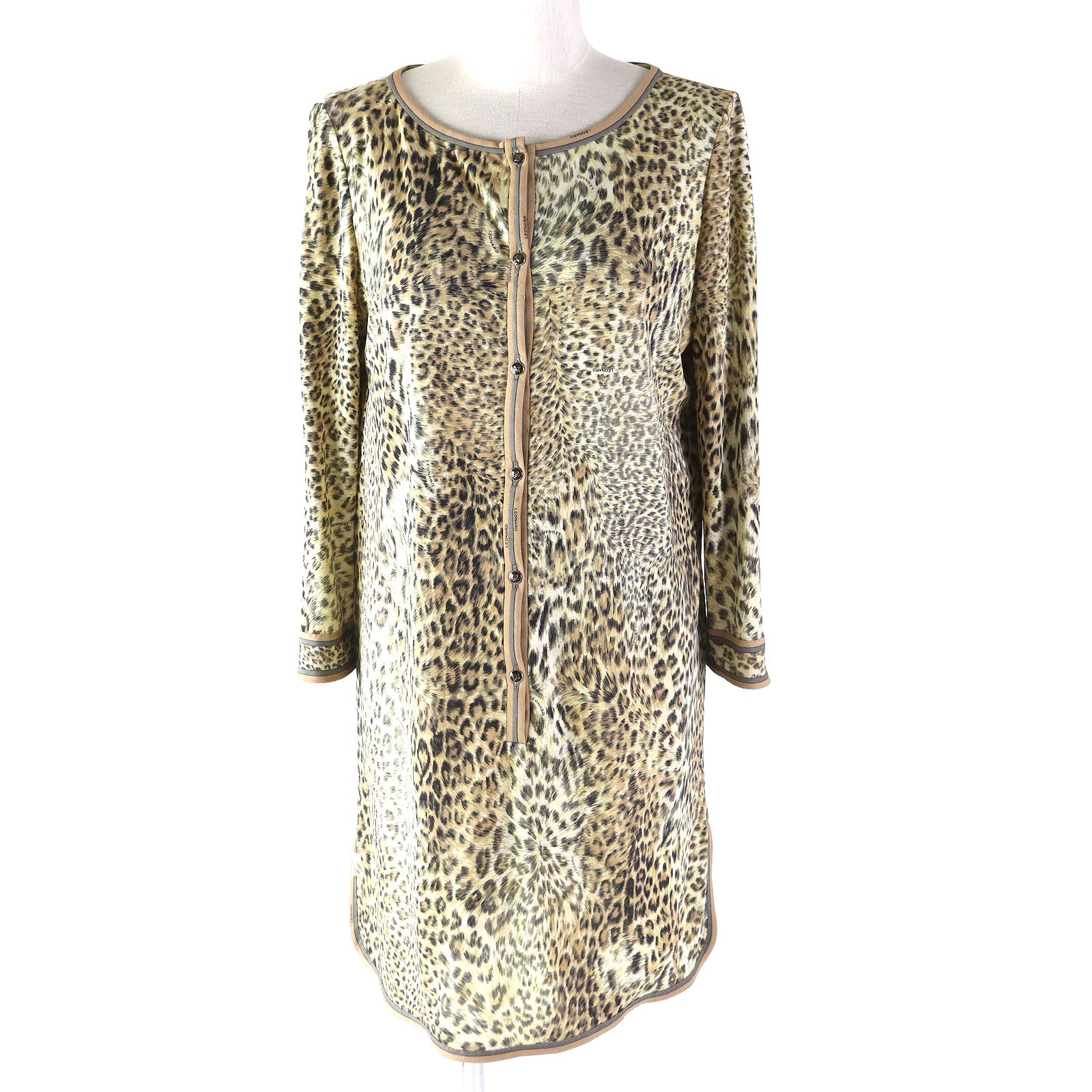 LEONARD Silk Leopard Long Sleeve Tunic Top Beige