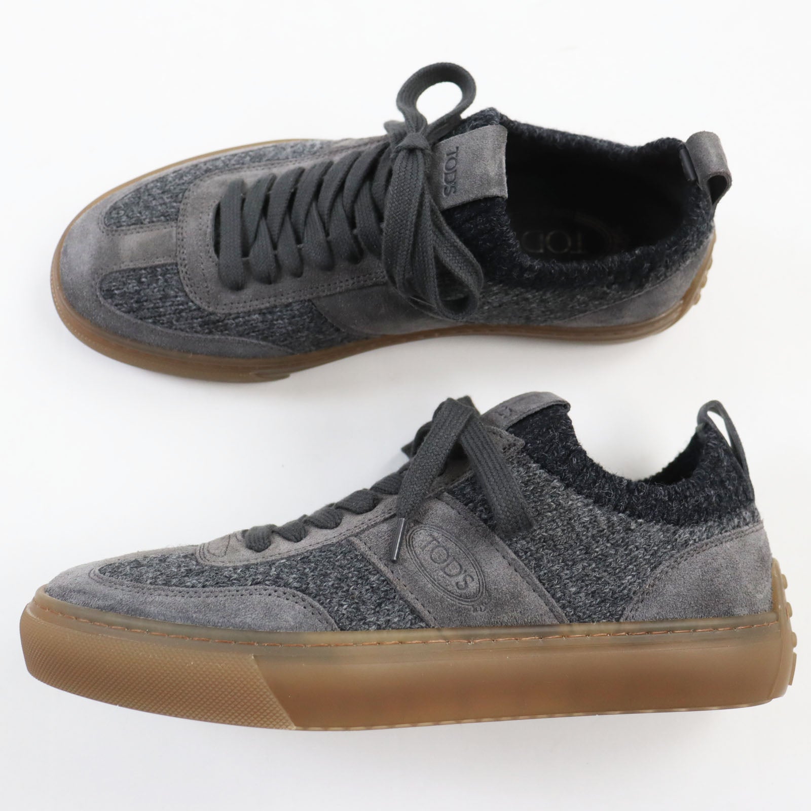 Tod's Suede Leather Knit Logo Sneakers Gray