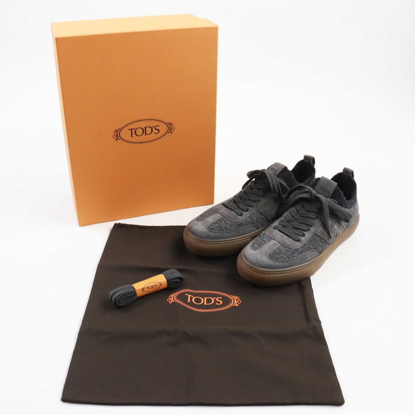 Tod's Suede Leather Knit Logo Sneakers Gray