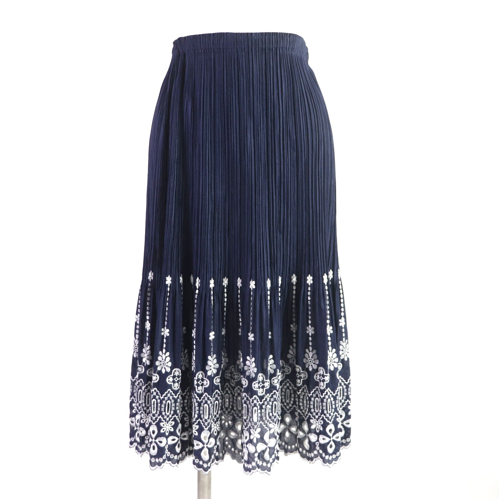 Polyester Pleated Long Skirt Navy White