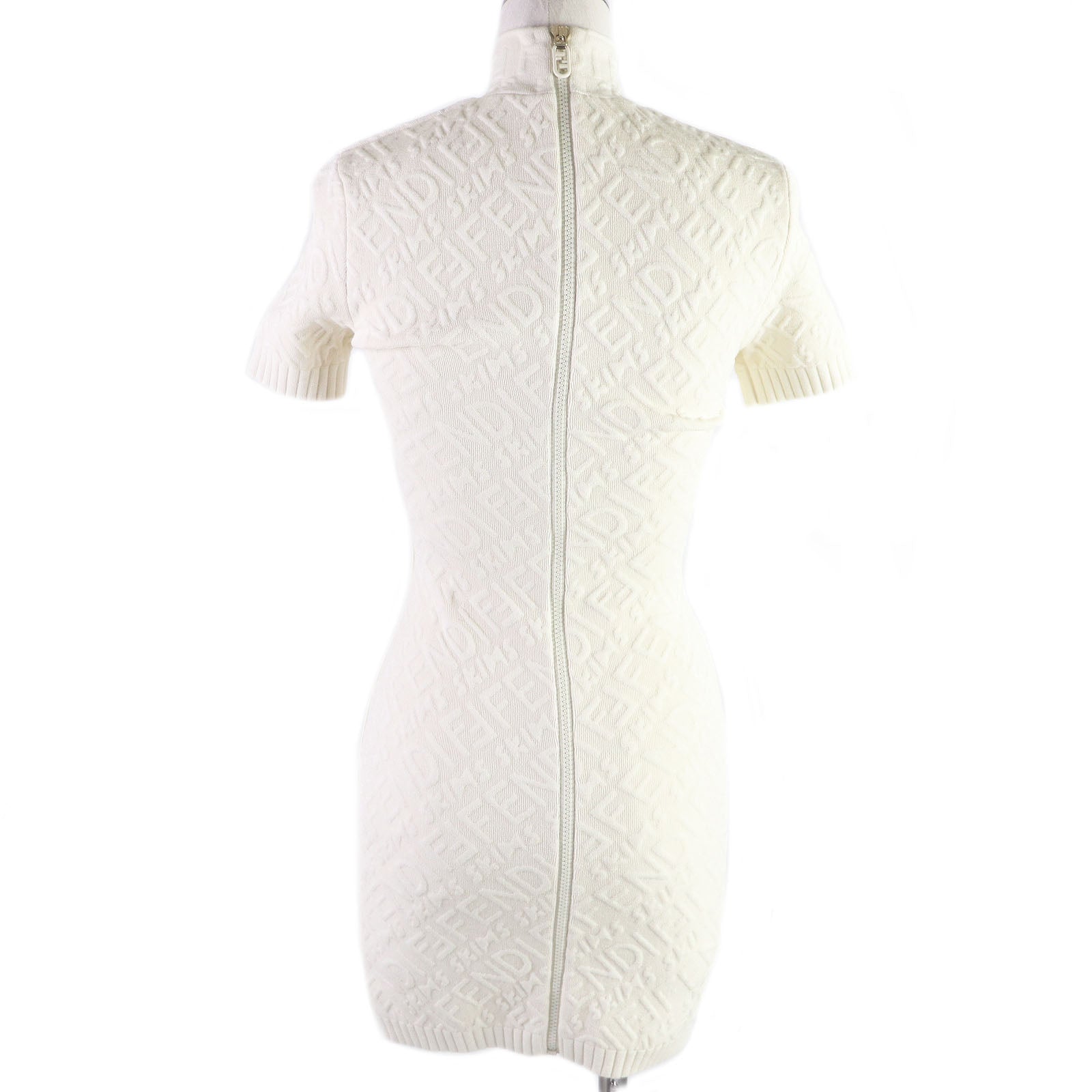 Fendi Embossed Logo High Neck Knit Dress Ivory 36