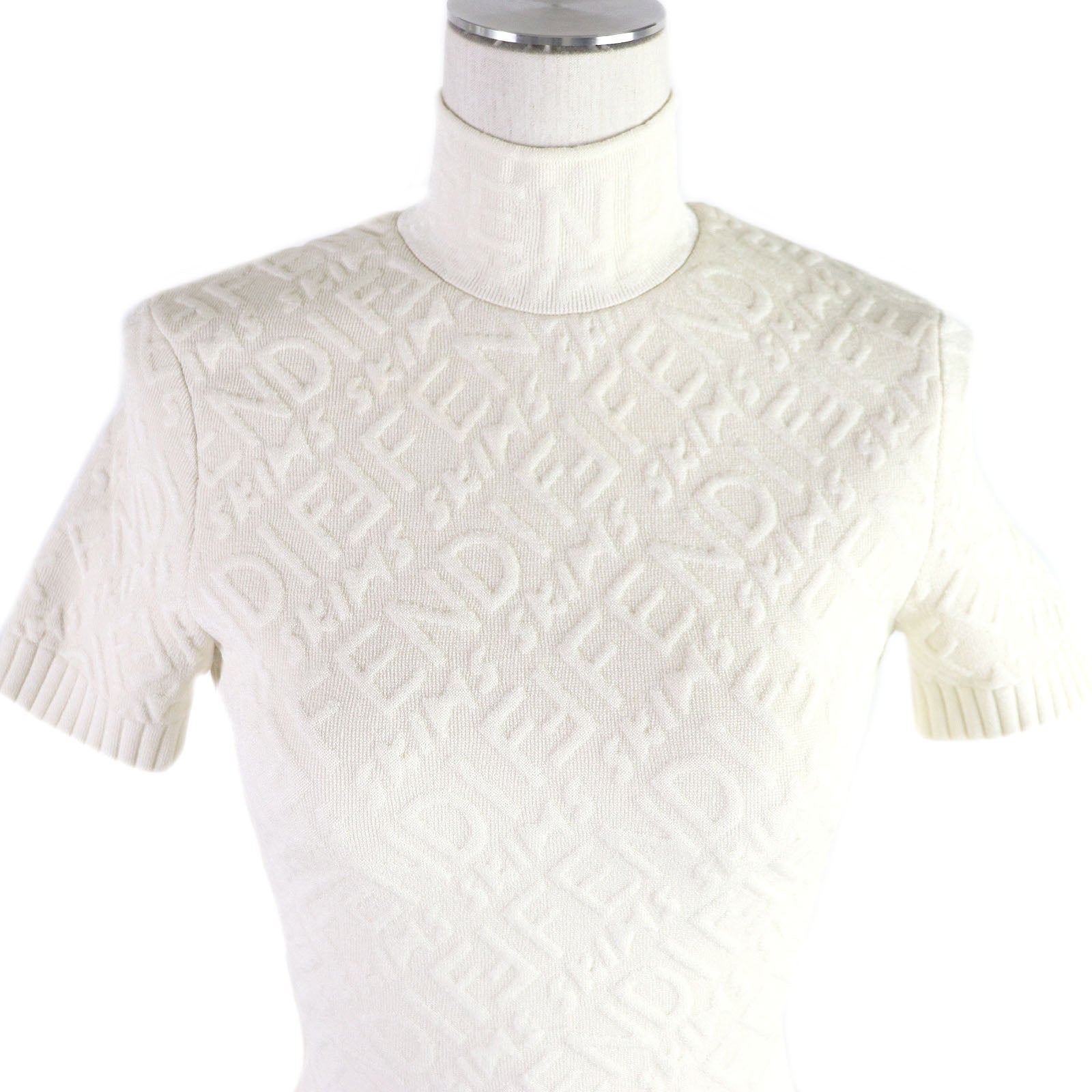 Fendi Embossed Logo High Neck Knit Dress Ivory 36