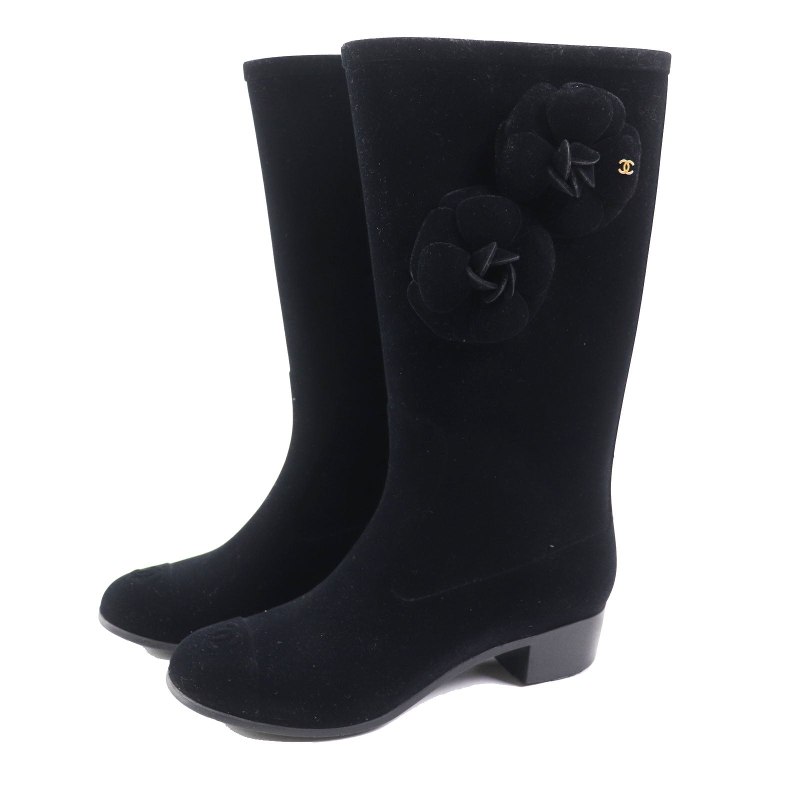 Chanel Camellia Velour Low Heel Boots Black