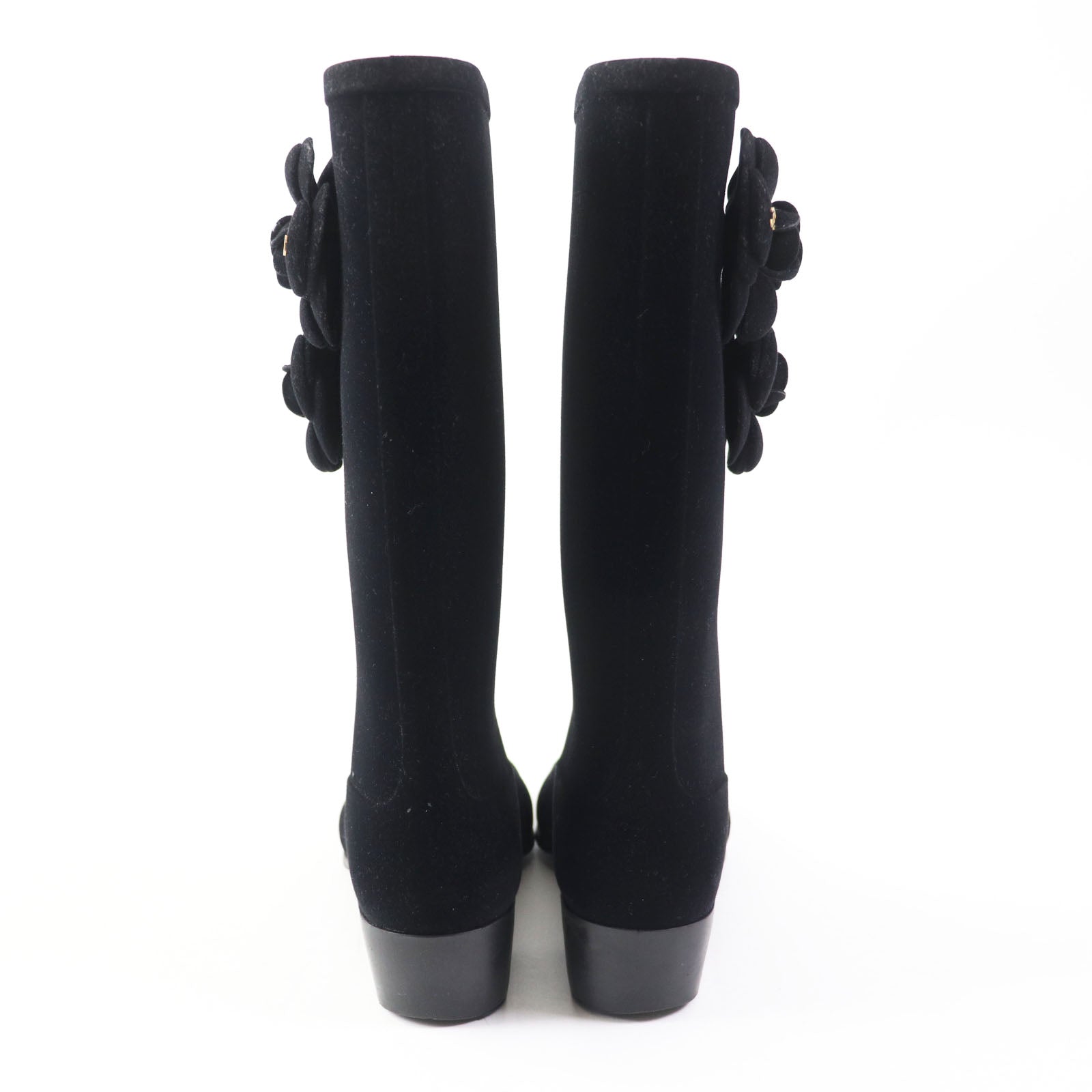 Chanel Camellia Velour Low Heel Boots Black