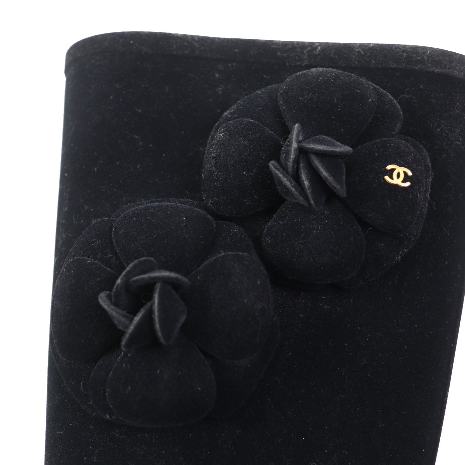 Chanel Camellia Velour Low Heel Boots Black