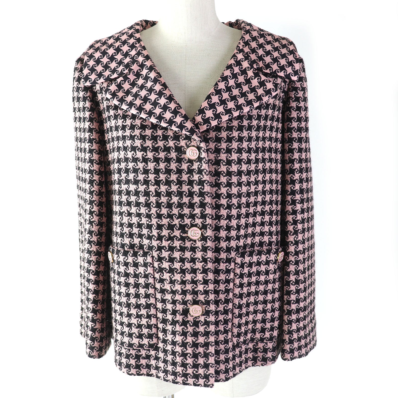 Gucci Houndstooth Wool Silk Jacket Pink Black 40