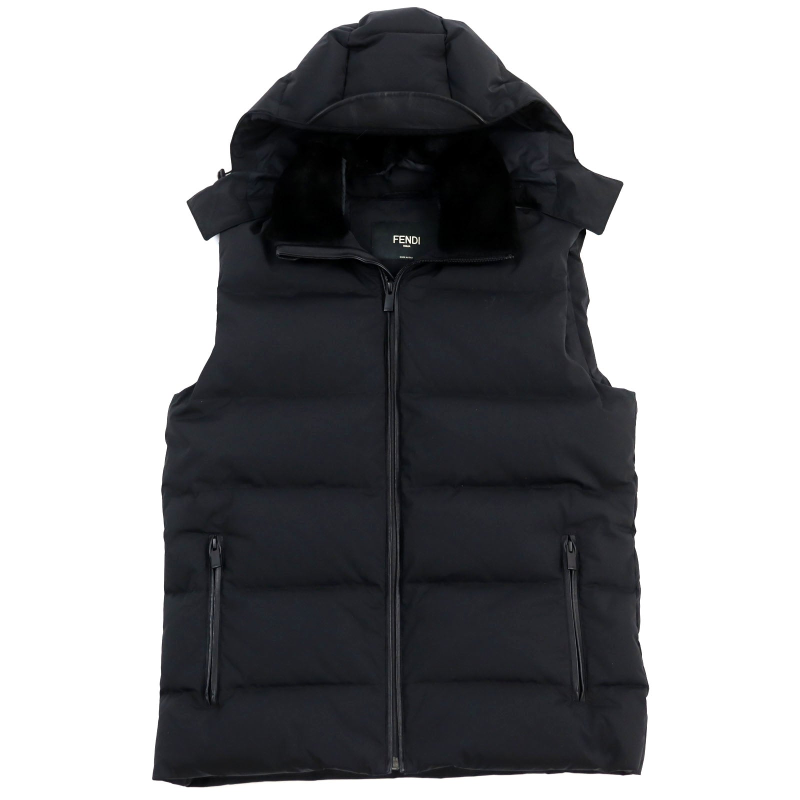 Fendi Nylon Leather Zip-Up Hoodie Down Vest