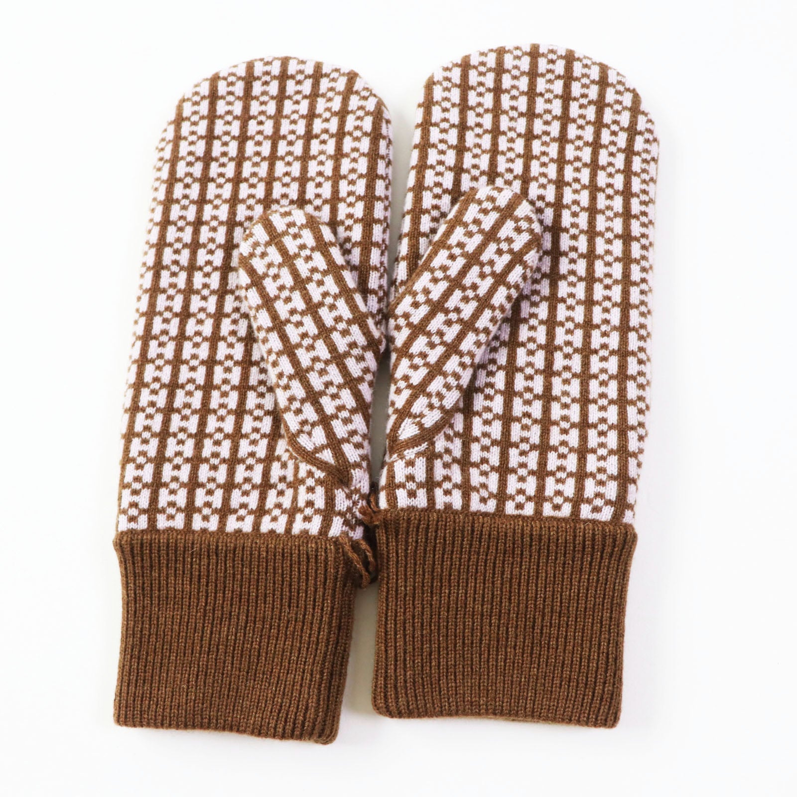 Hermes Cashmere Mittens Gloves Brown Pink M