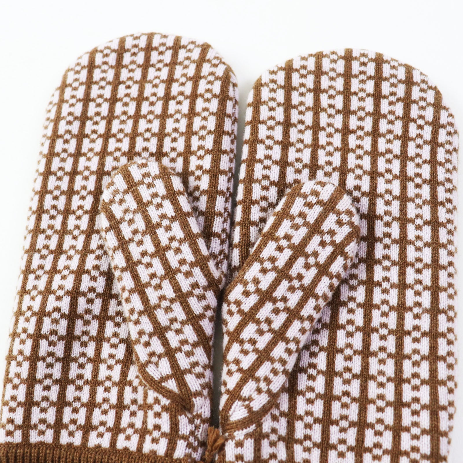 Hermes Cashmere Mittens Gloves Brown Pink M