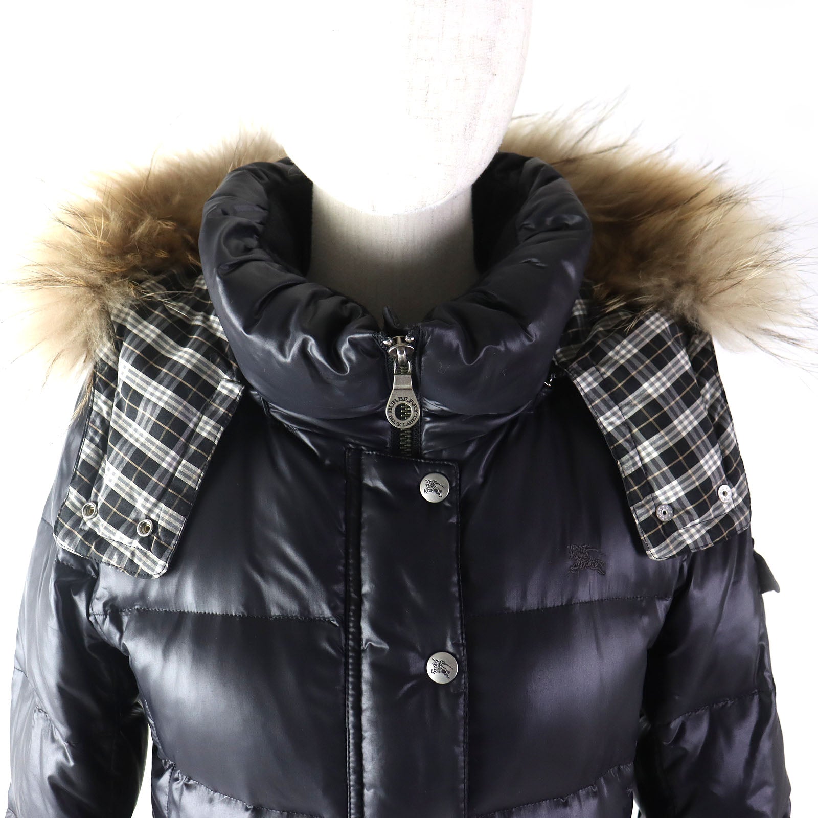 Burberry Check Pattern Fur Hood Down Jacket Women