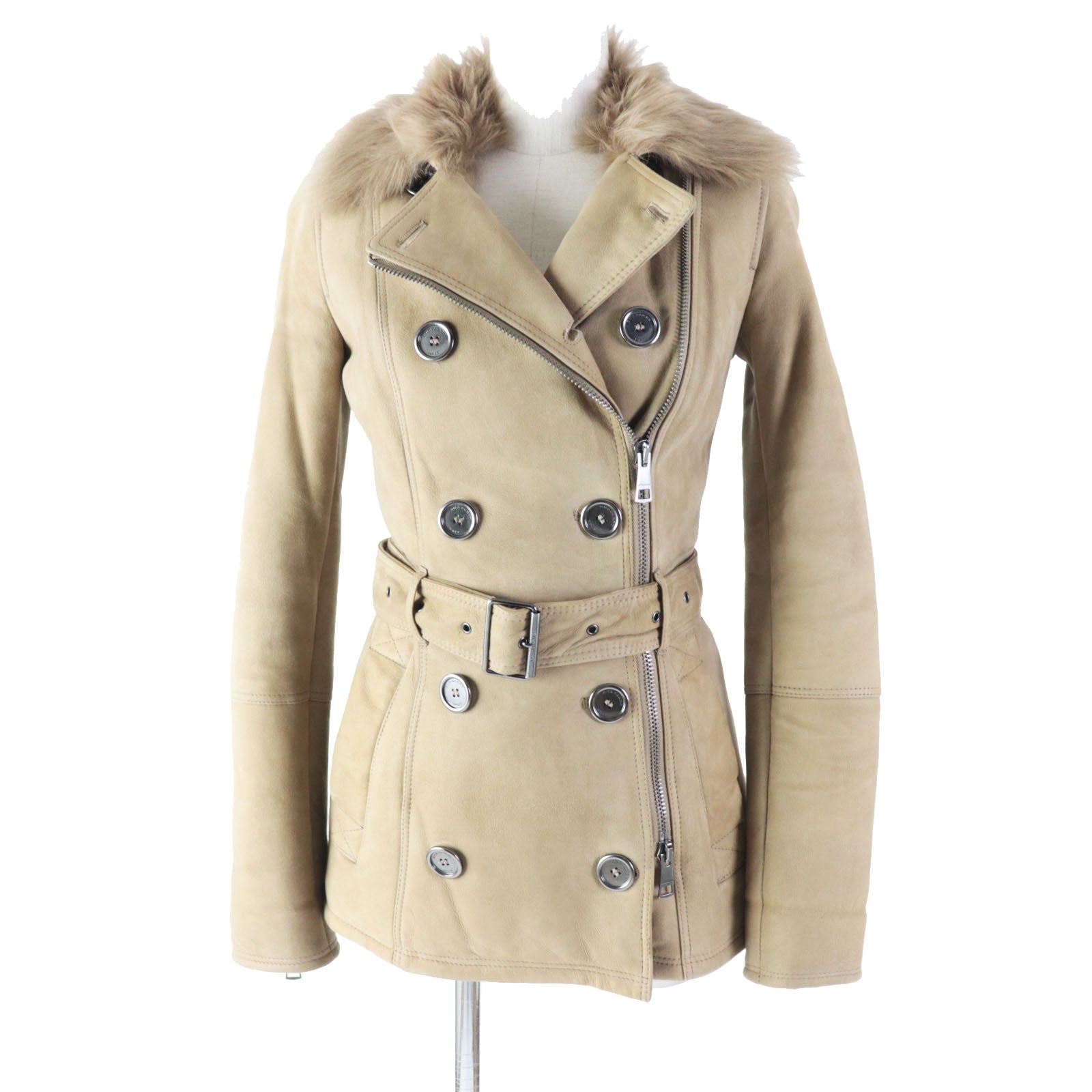 Burberry Shearling Belted Zip-Up Coat Beige 38