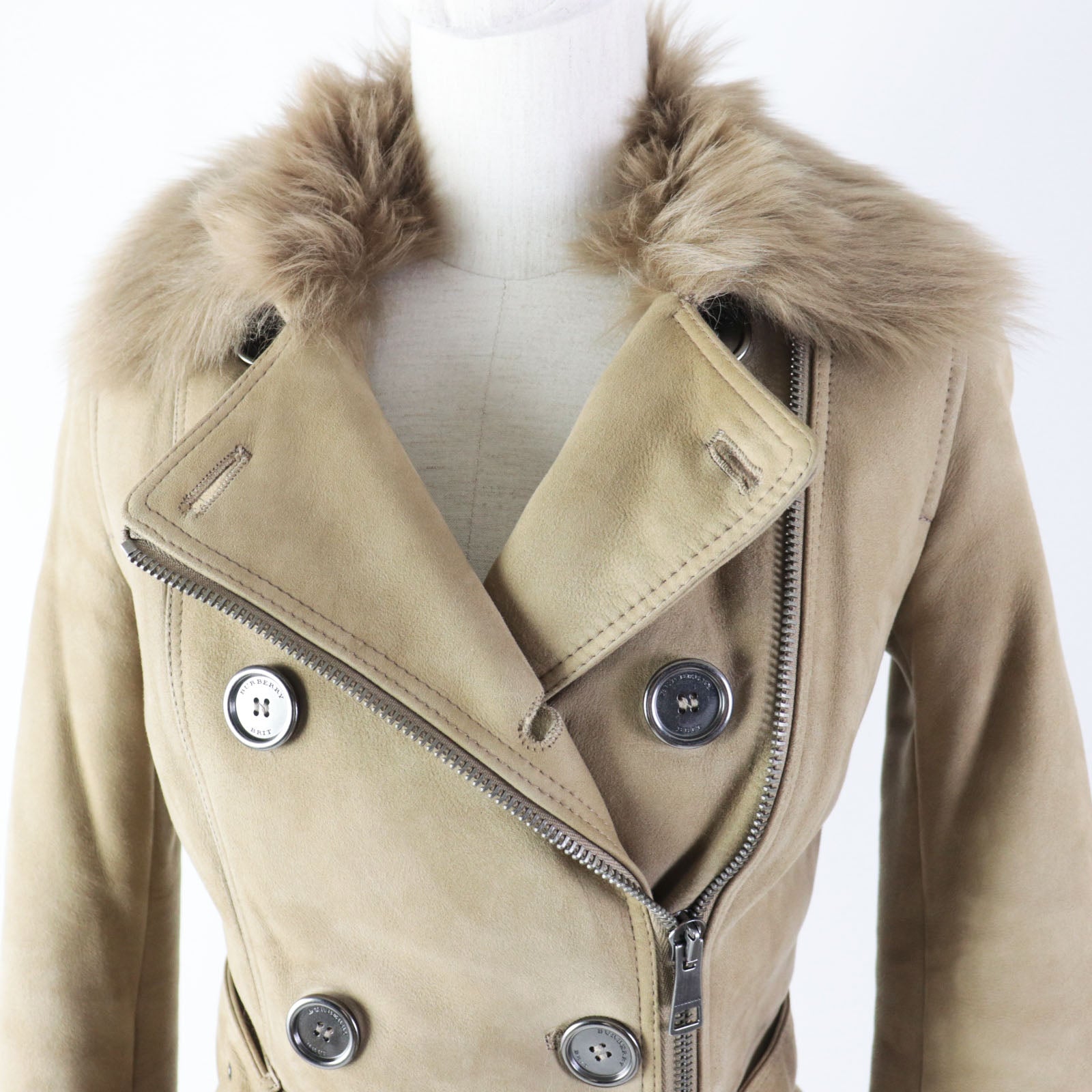 Burberry Shearling Belted Zip-Up Coat Beige 38