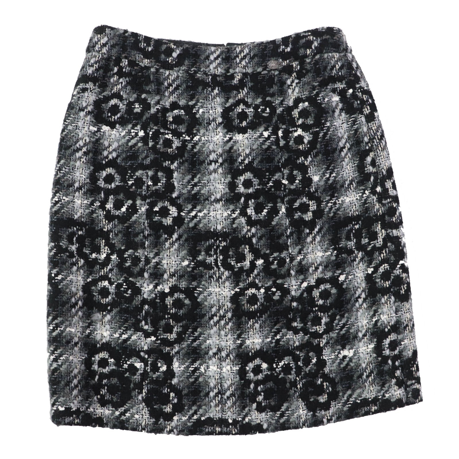 Chanel Camellia Tweed Skirt Black Grey 38