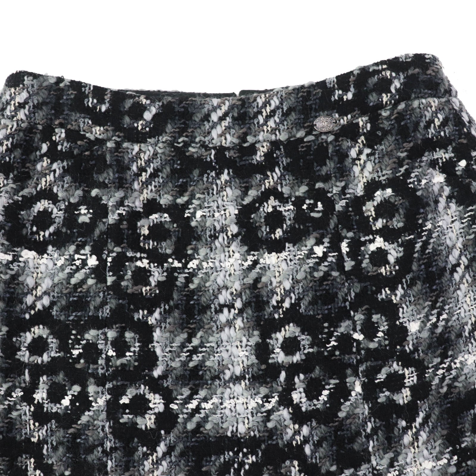 Chanel Camellia Tweed Skirt Black Grey 38