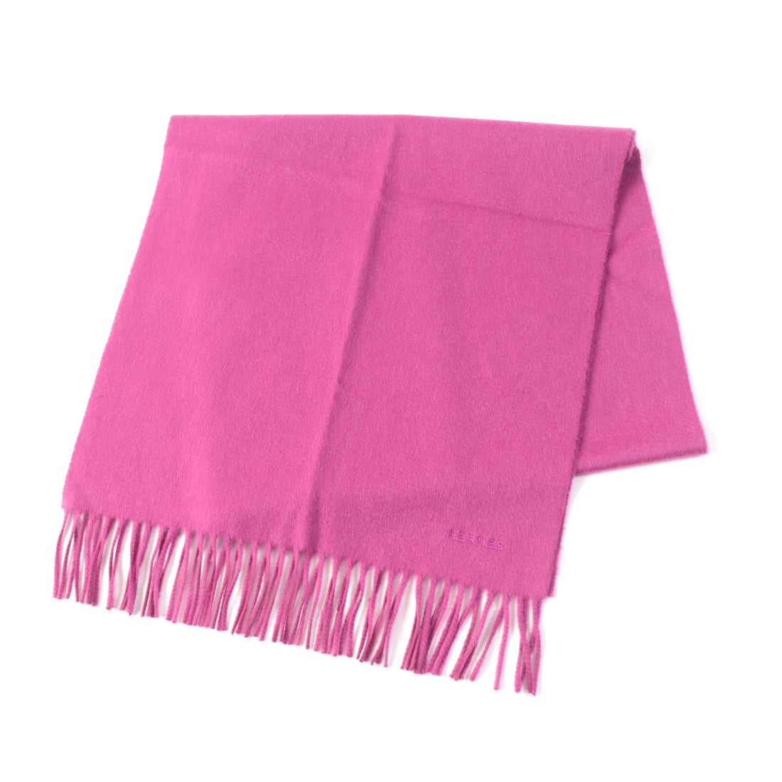 HERMES Cashmere Embroidered Logo Fringe Scarf Pink