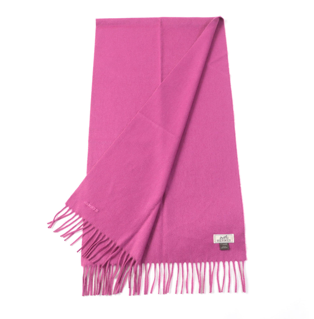 HERMES Cashmere Embroidered Logo Fringe Scarf Pink