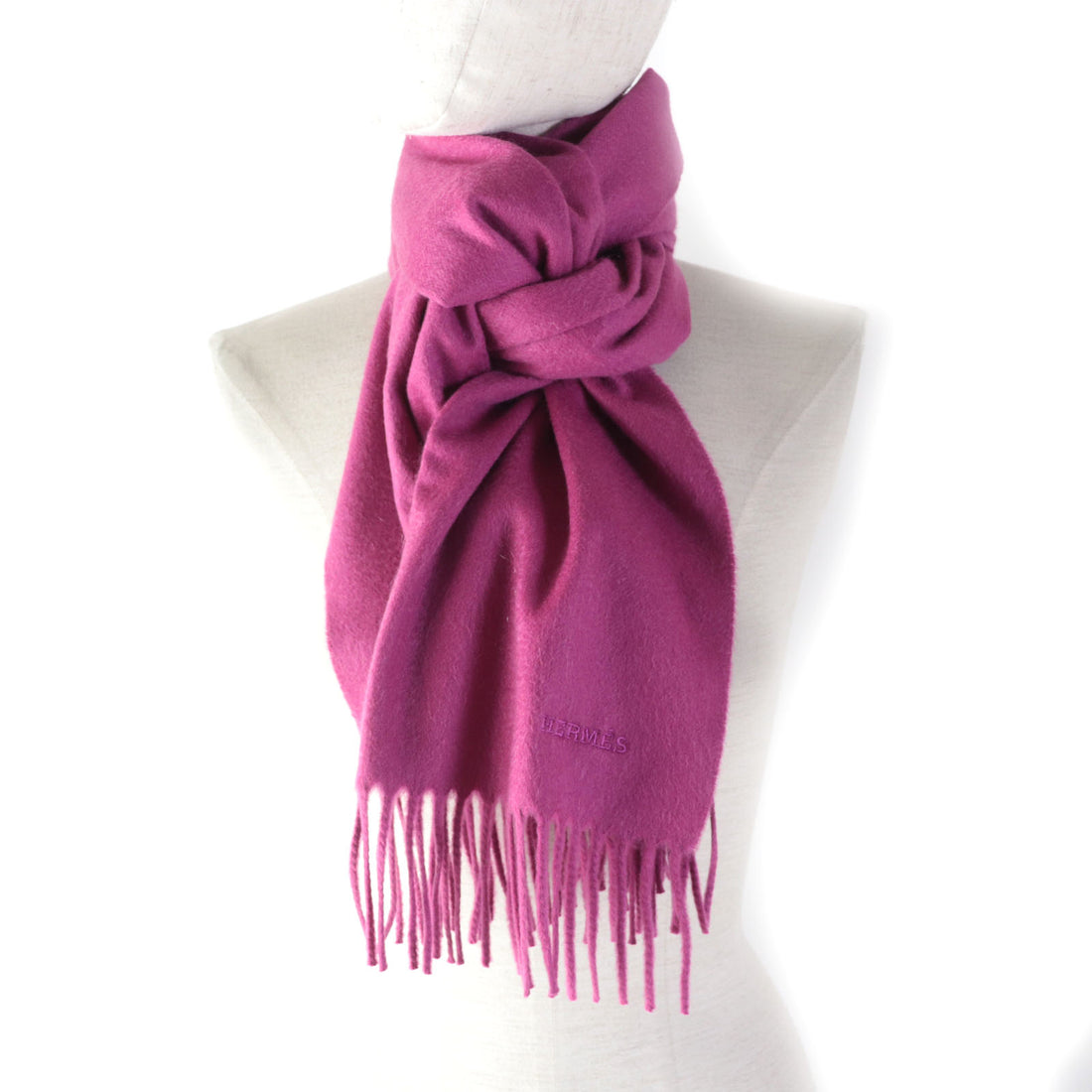 HERMES Cashmere Embroidered Logo Fringe Scarf Pink