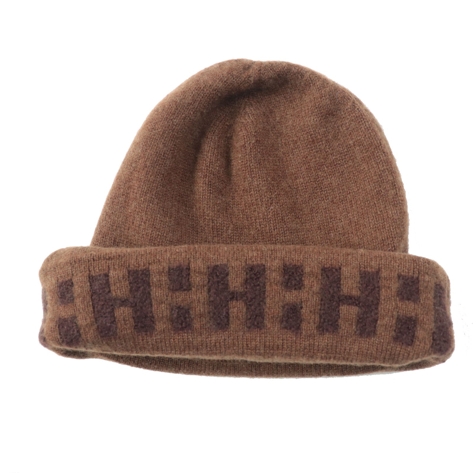 HERMES Cashmere Nylon H Pattern Knit Hat Brown