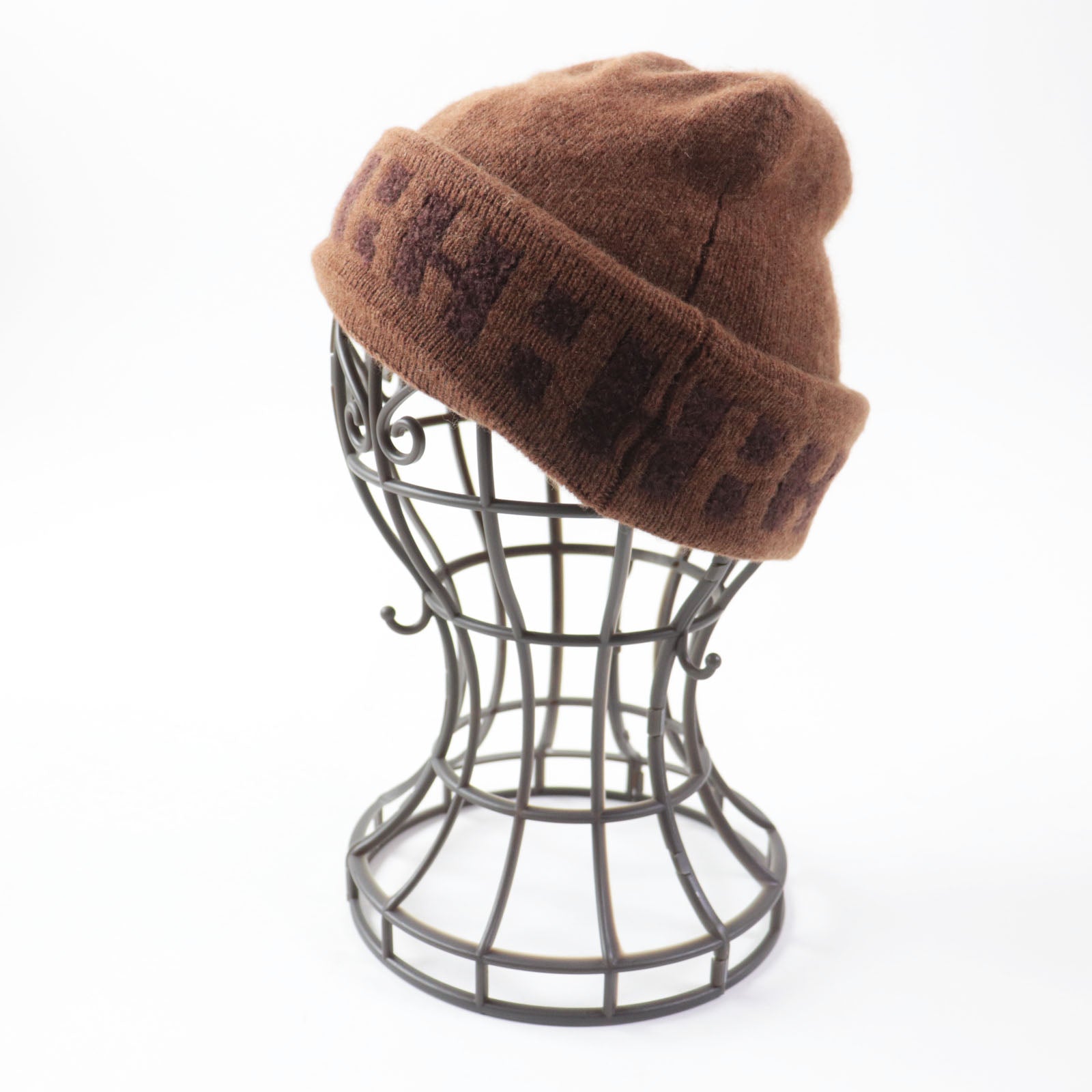 HERMES Cashmere Nylon H Pattern Knit Hat Brown