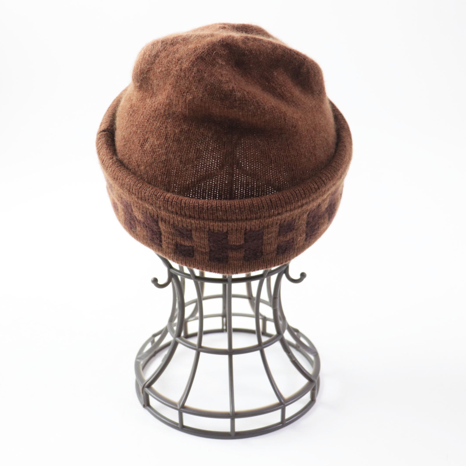 HERMES Cashmere Nylon H Pattern Knit Hat Brown