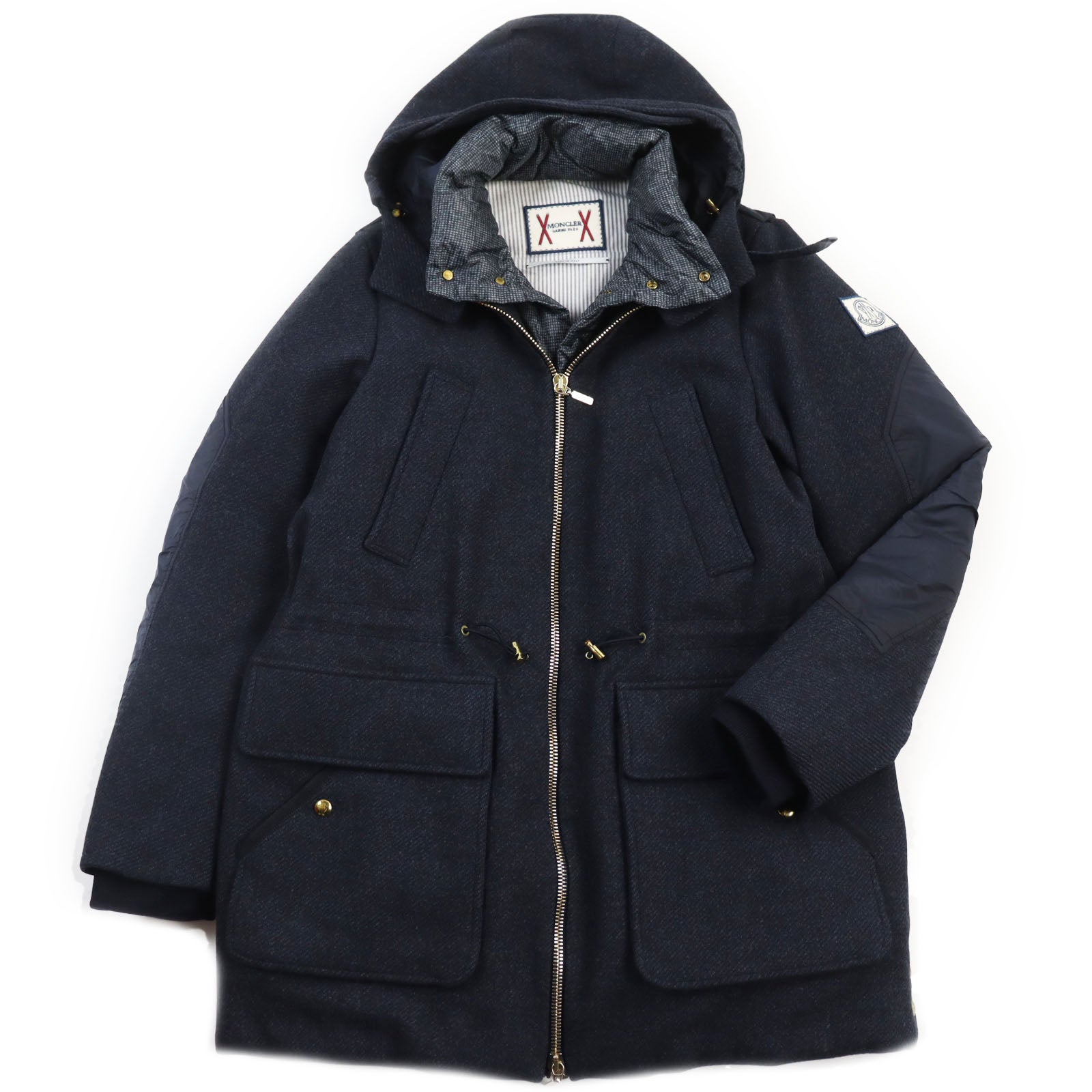 Moncler Wool Nylon Hooded Down Coat Blue