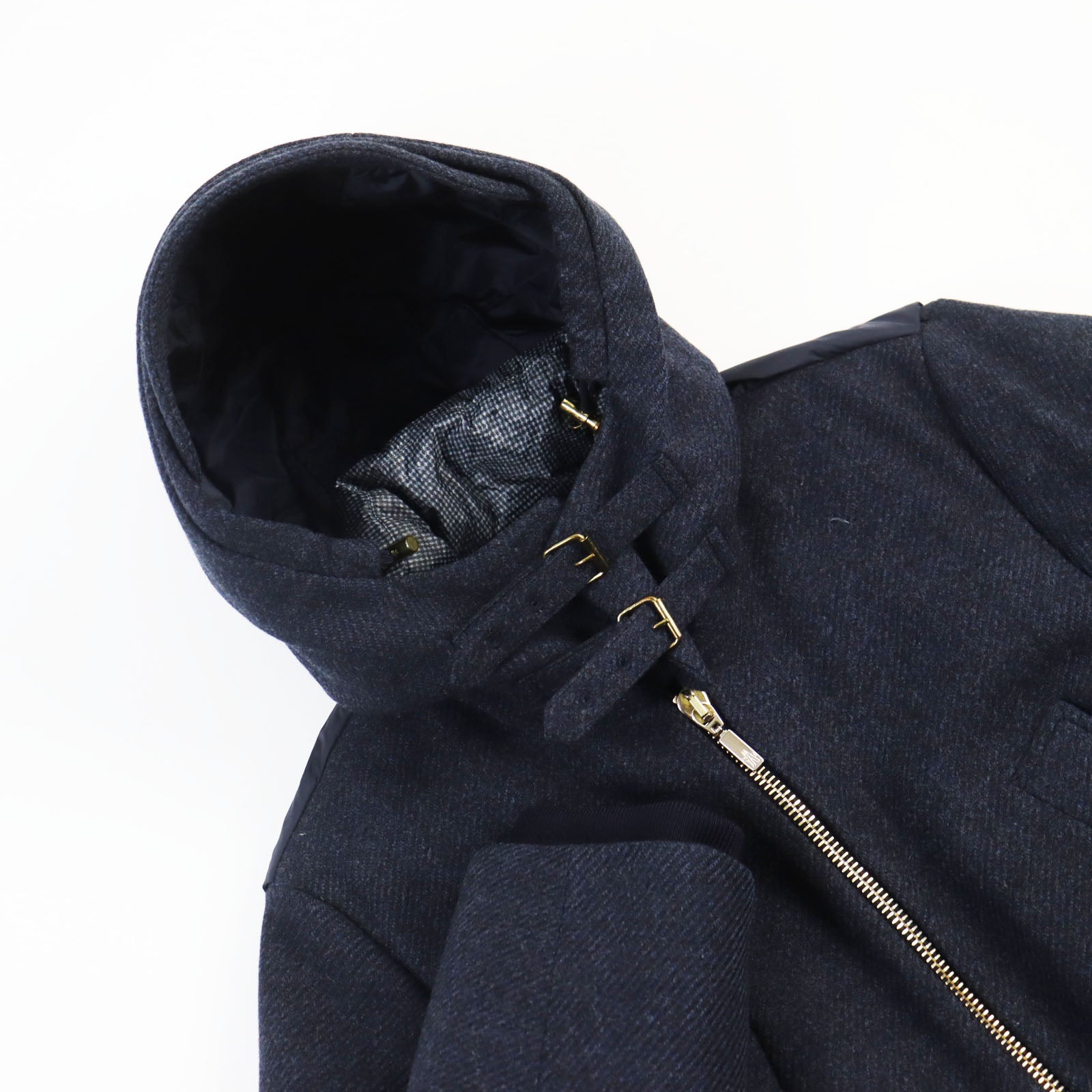 Moncler Wool Nylon Hooded Down Coat Blue