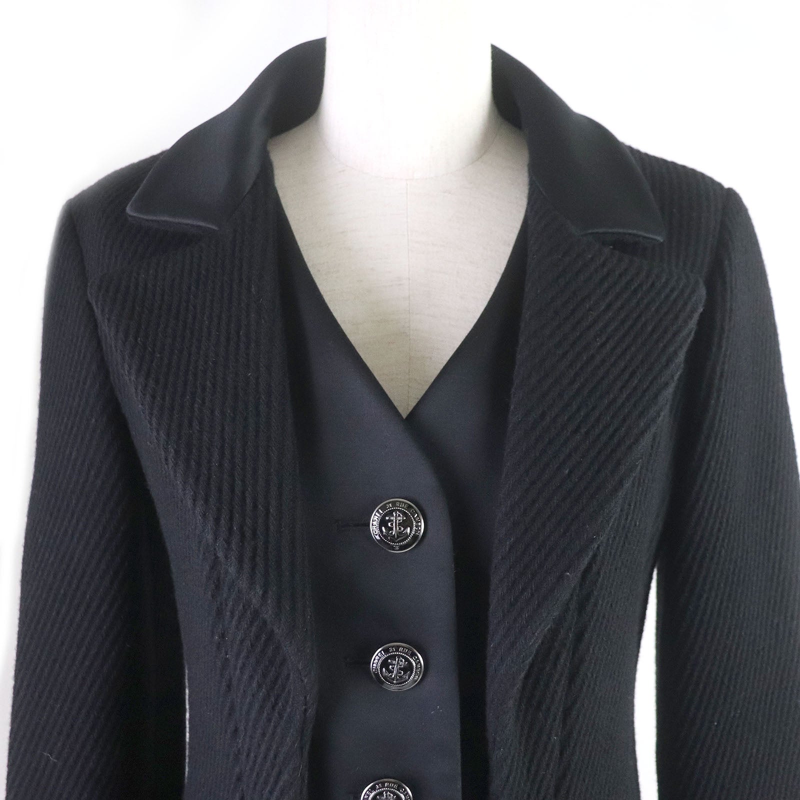 Chanel Wool Nylon Emblem Logo Chester Coat Black 34