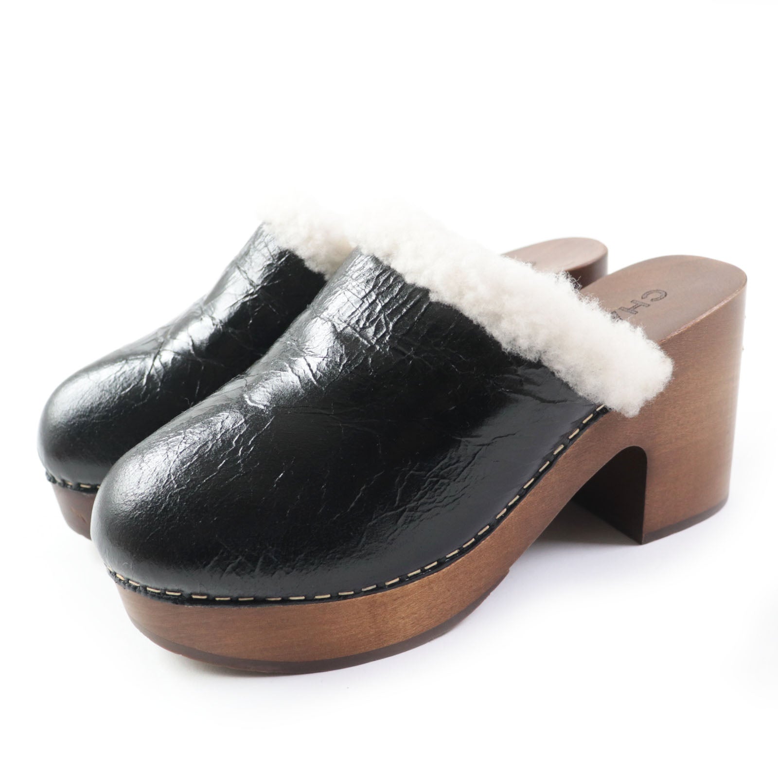 Chanel Sheepskin Clog Sandals Black Brown