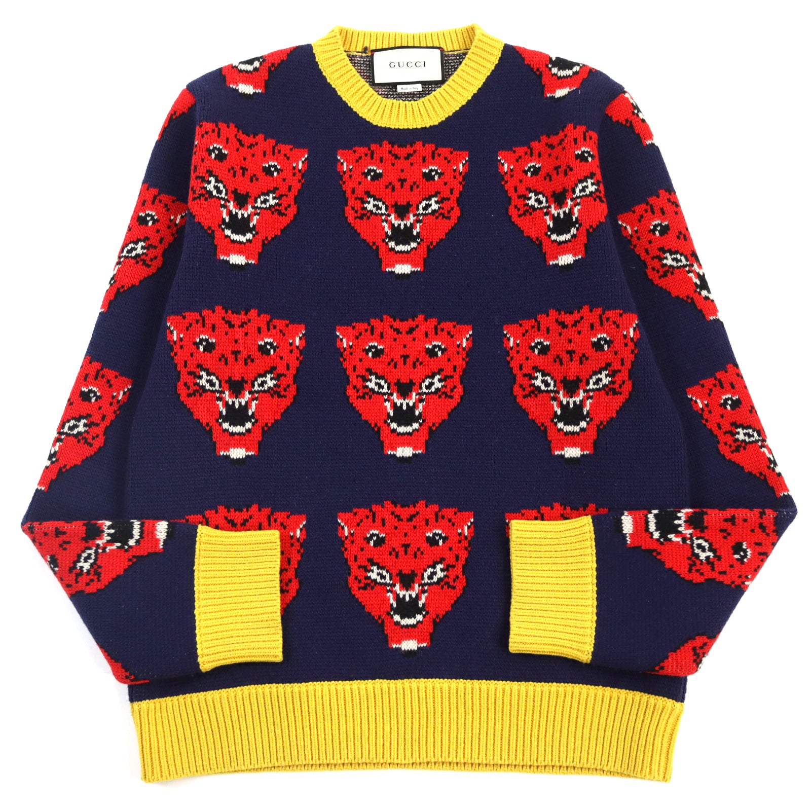 Gucci Wool Tiger Print Jacquard Knit Crew Neck