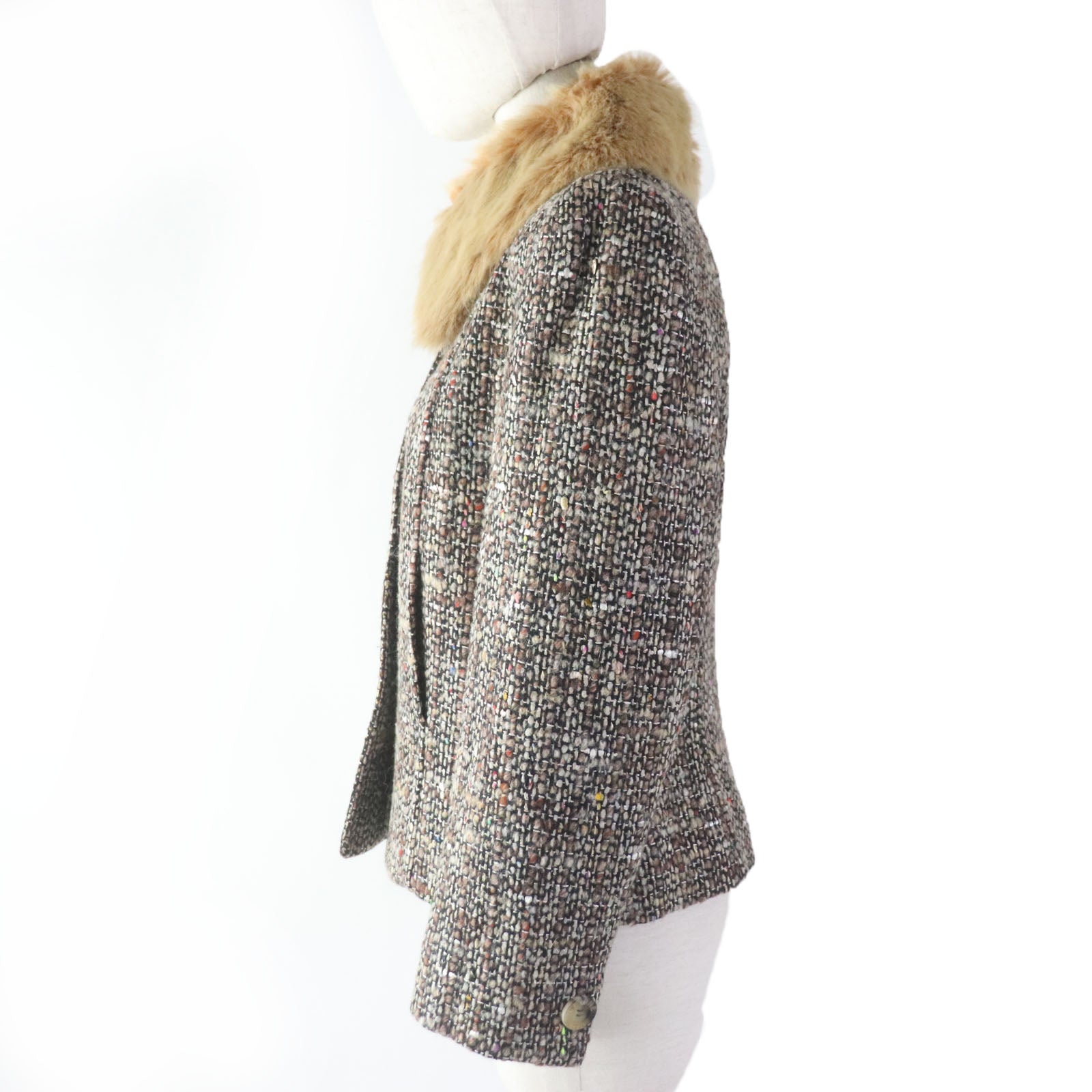 Celine Vintage Tweed Jacket with Logo Buttons and Faux Fur Collar