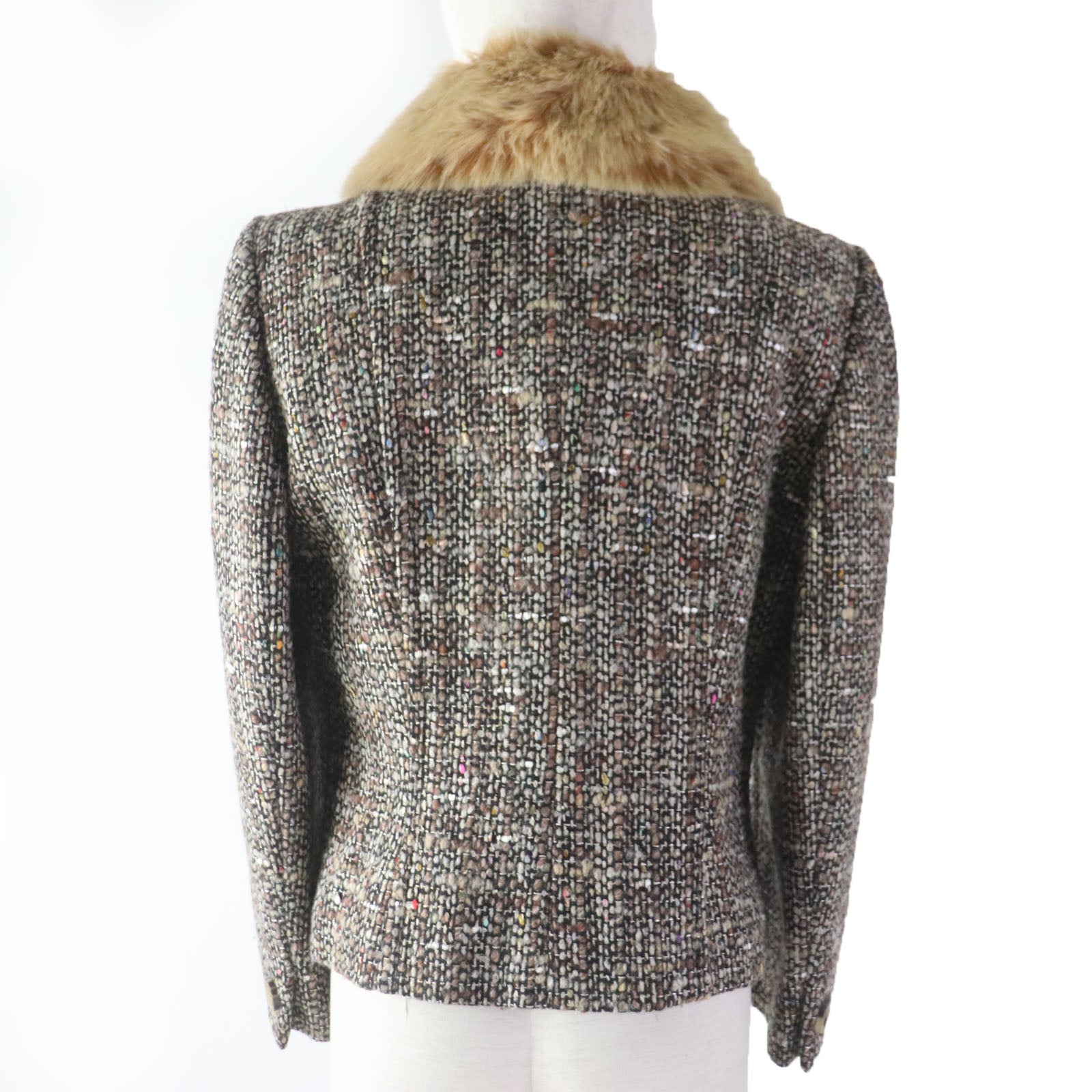 Celine Vintage Tweed Jacket with Logo Buttons and Faux Fur Collar