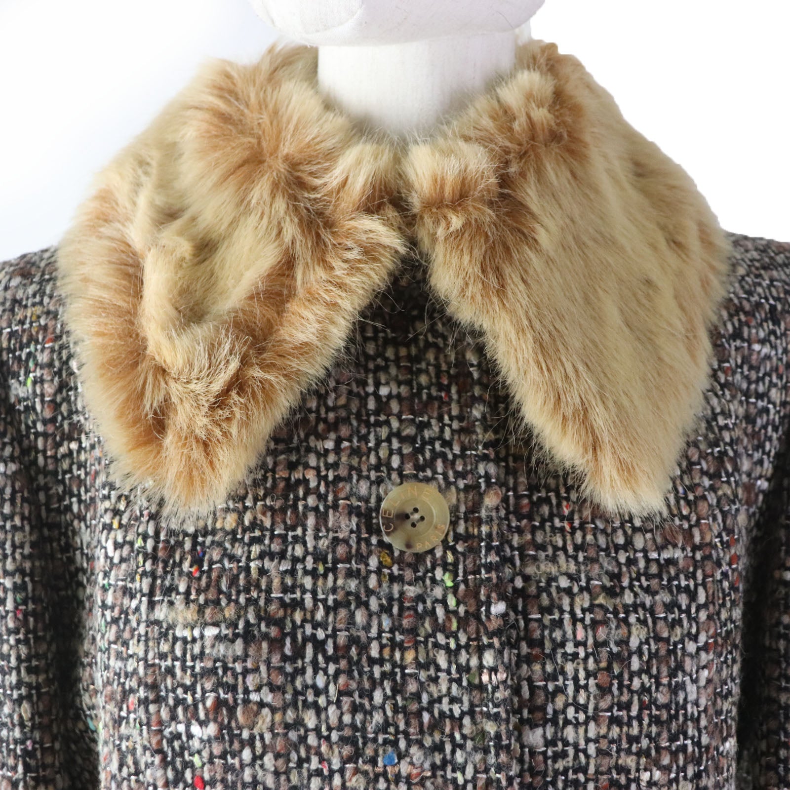 Celine Vintage Tweed Jacket with Logo Buttons and Faux Fur Collar