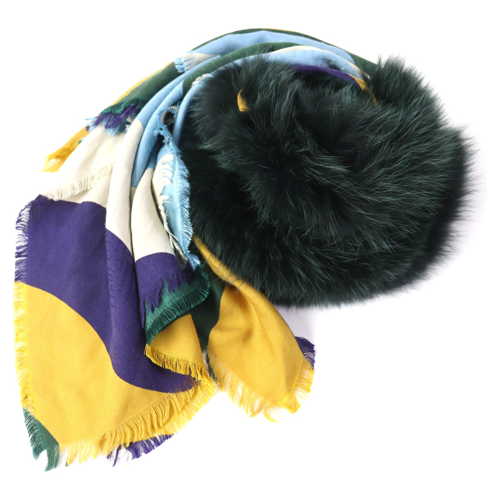 Fendi Silk Wool Zucca Pattern Scarf with Fox Fur