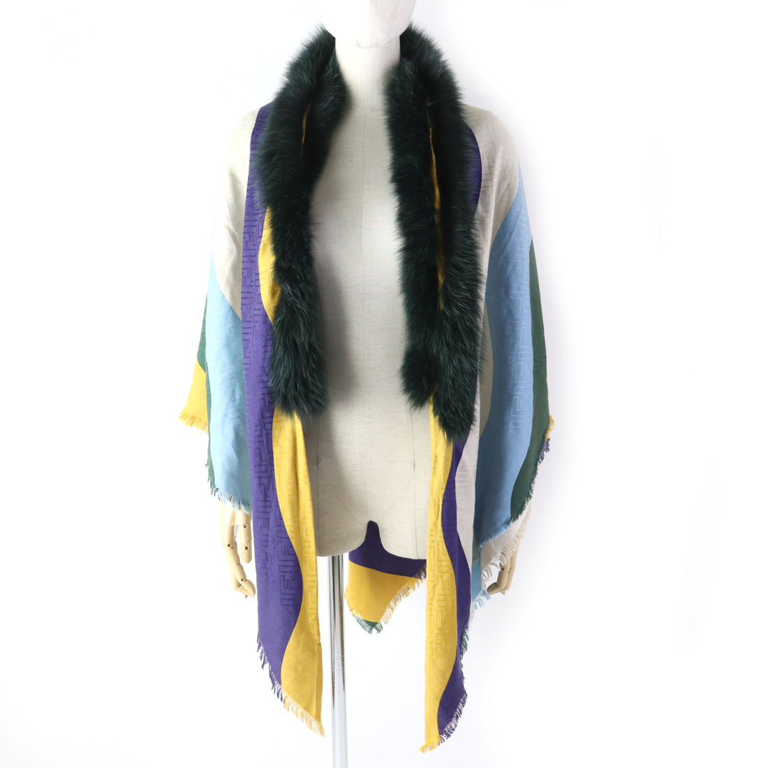 Fendi Silk Wool Zucca Pattern Scarf with Fox Fur