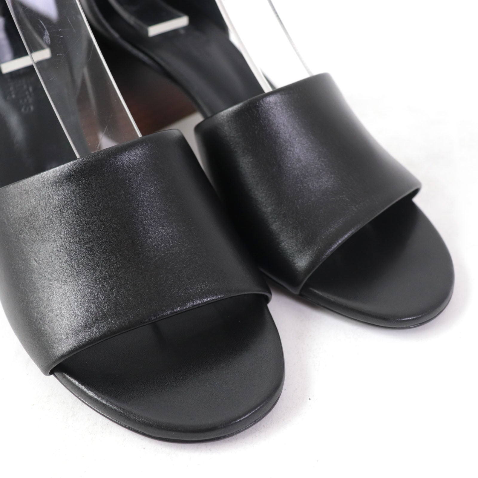 HERMES Leather Ankle Strap Sandals Black 36