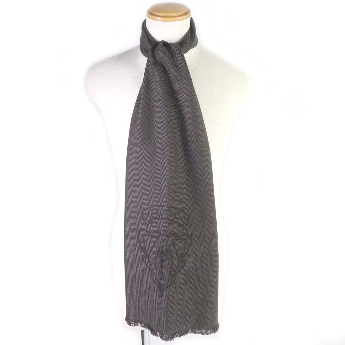 GUCCI Wool Crest Emblem Herringbone Shawl Scarf