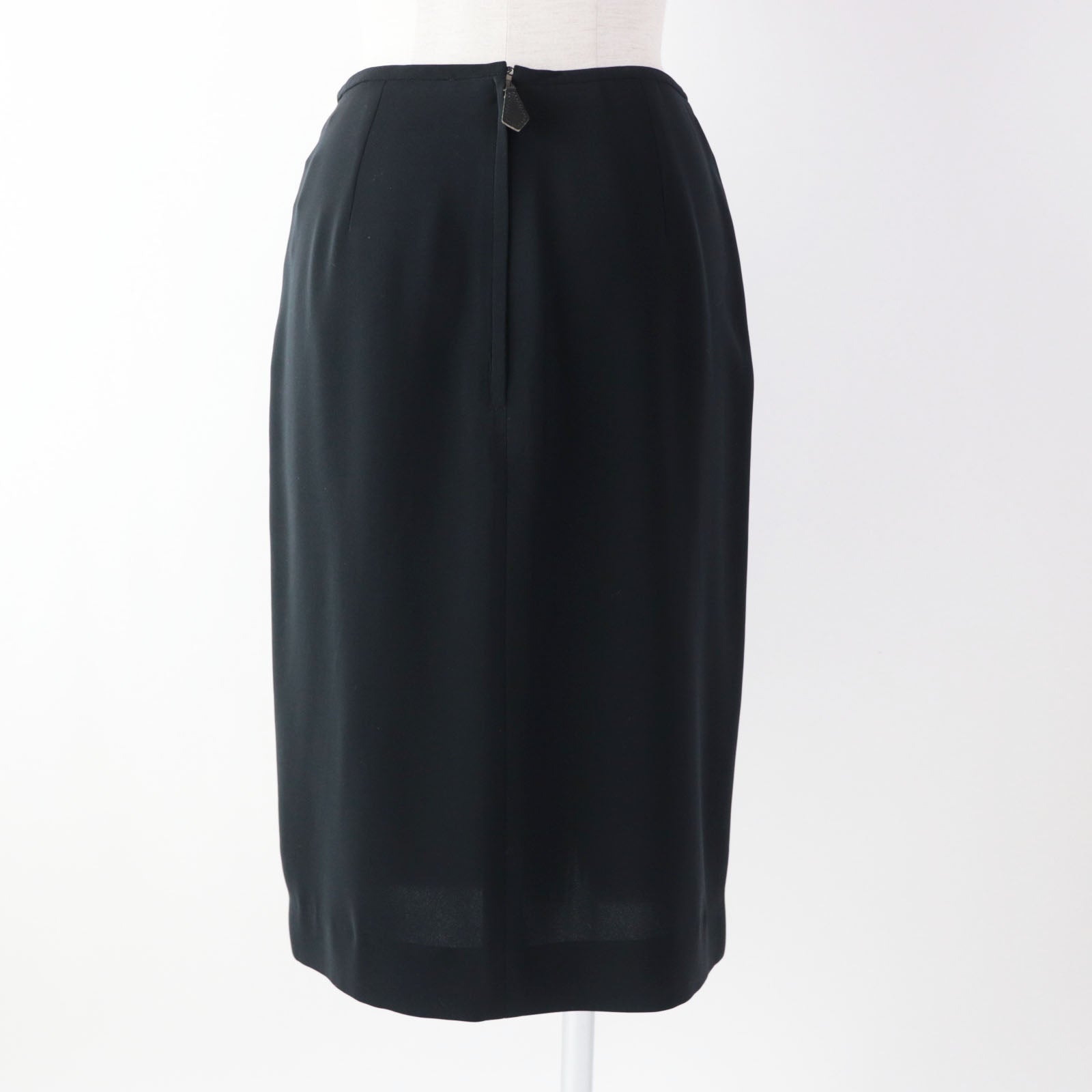 HERMES Leather Zip Knee Length Skirt Black 36