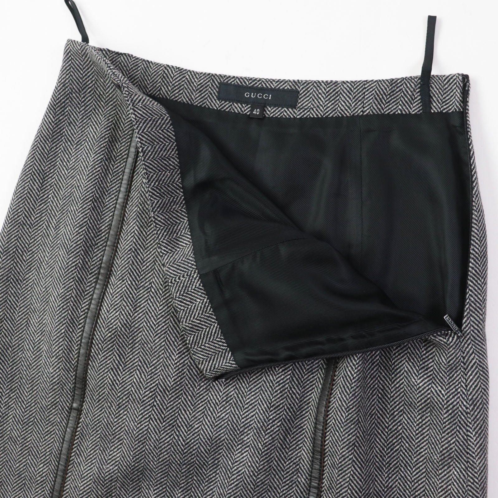 GUCCI Wool Leather Skirt Black Grey 40 Women