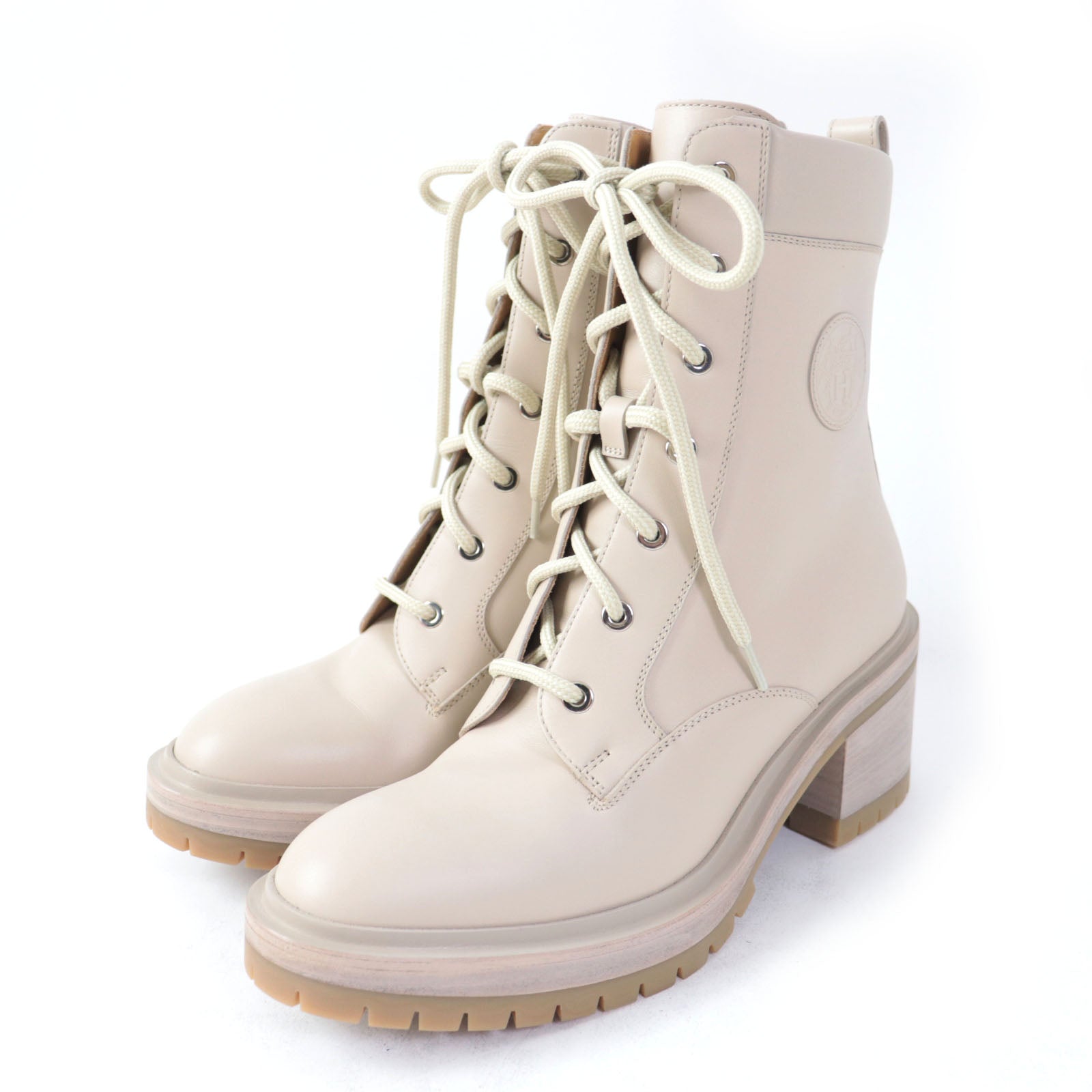 HERMES Leather Lace-up Ankle Boots Pink Beige