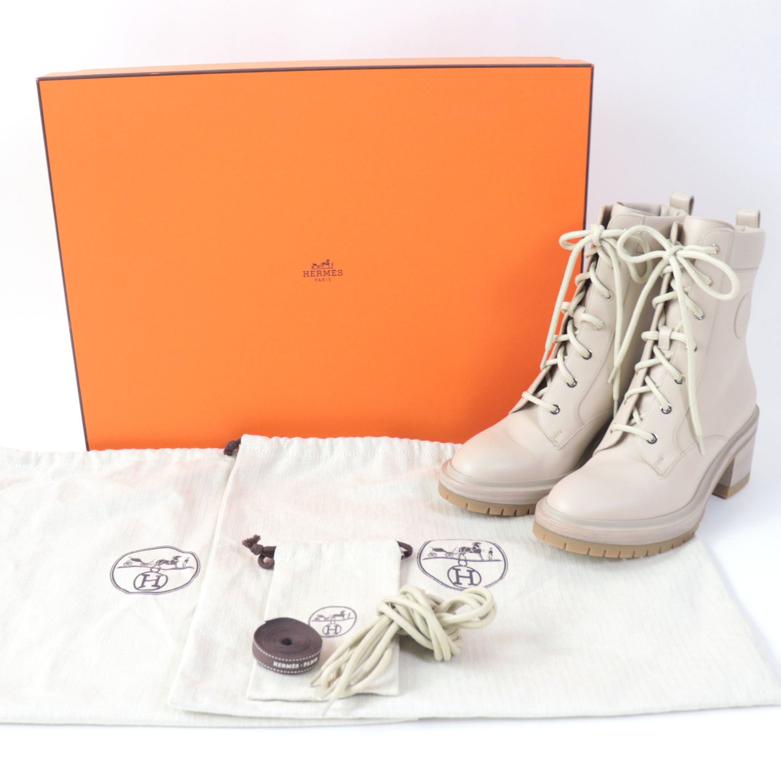 HERMES Leather Lace-up Ankle Boots Pink Beige