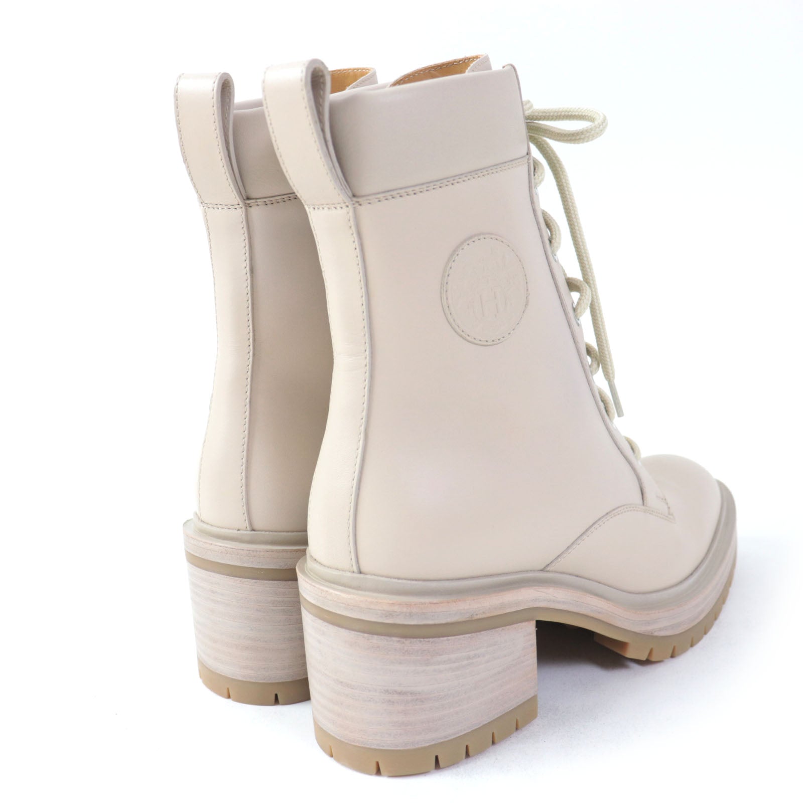 HERMES Leather Lace-up Ankle Boots Pink Beige